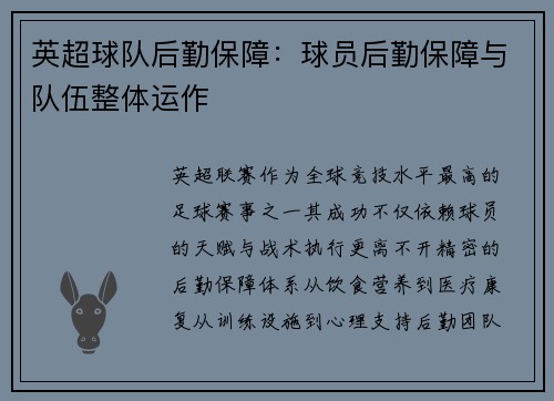 英超球队后勤保障：球员后勤保障与队伍整体运作